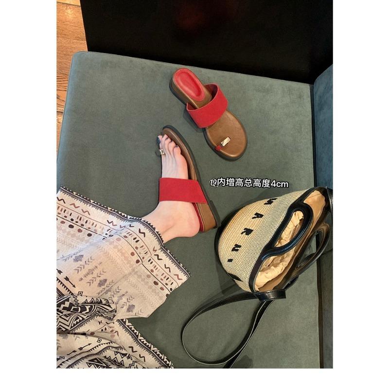 

Fashion retro thick bottom height increased by 4cm~ cowhide word with outer wear cover toe herringbone flat bottom toe cool slippers female summer 35 красный