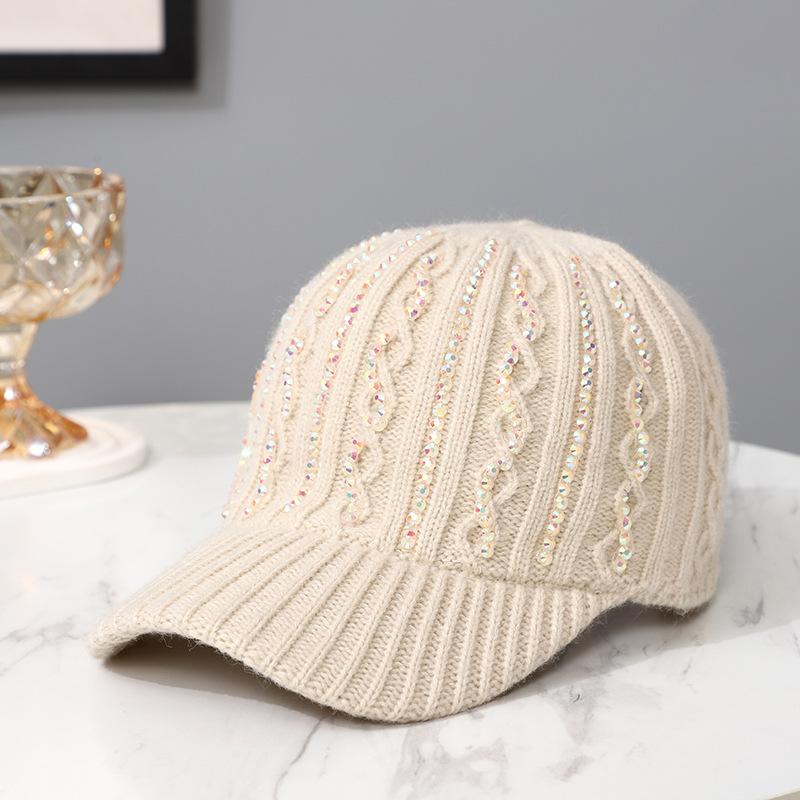 Women'S Thickened Rhinestone Korean Style Baseball Cap Autumn Winter Warm Casual Hat For Ladies