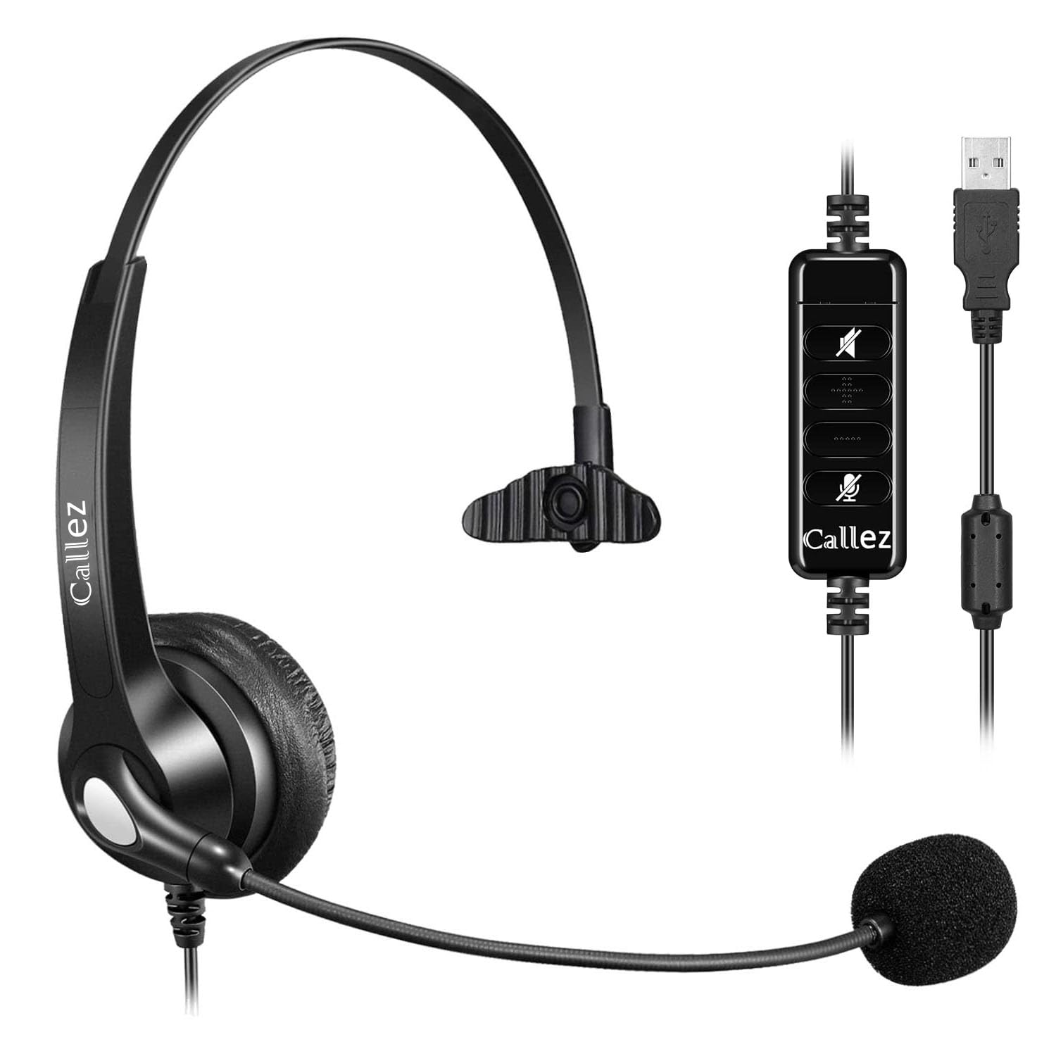 

USB Headset, Single Ear, with Noise-Canceling Microphone and Audio Control, PC Headphones for Business, Skype, Office, Web Conferencing, Remote Work,