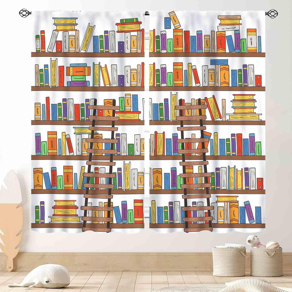 Witchy Curtains Fantasy Magical Bookshelf Mysterious Bookcase Skull Spooky Gothe Window Drapery Treatments Vintage Blackout Made Of Polyester