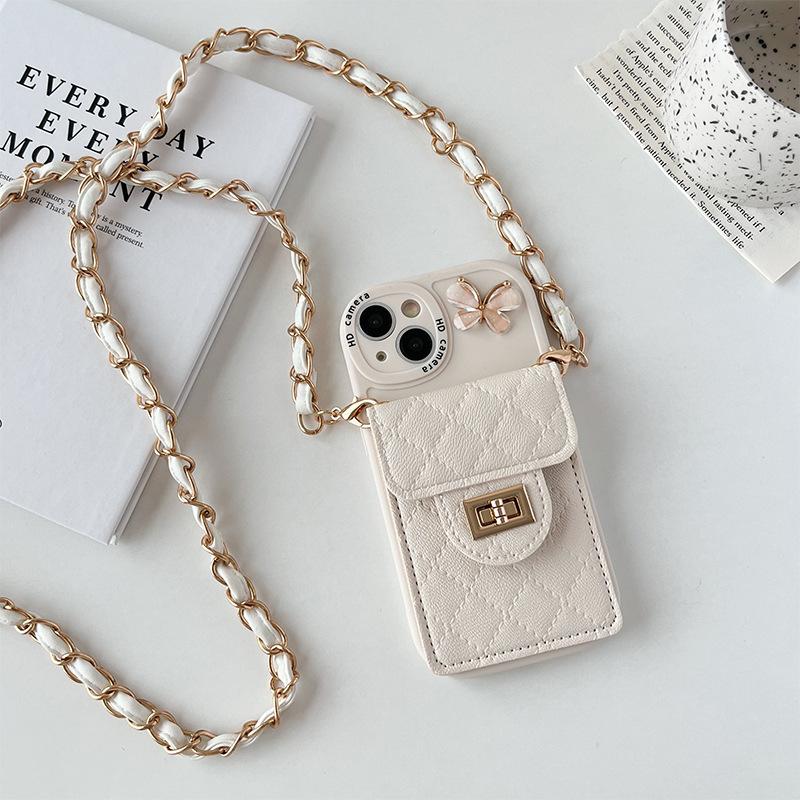 Apple 17 Messenger Wallet Mobile Phone Case For Iphone15Promax Butterfly Messenger Chain 16 Fine Hole Women'S Soft