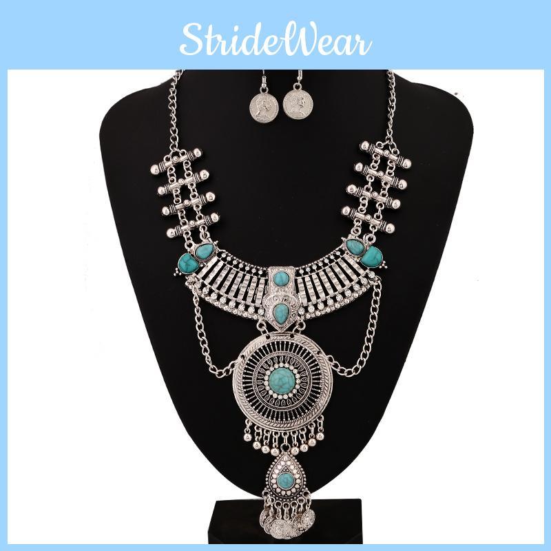 Ethnic Style Simulation Gemstone Decoration Women Necklace And Earring Set