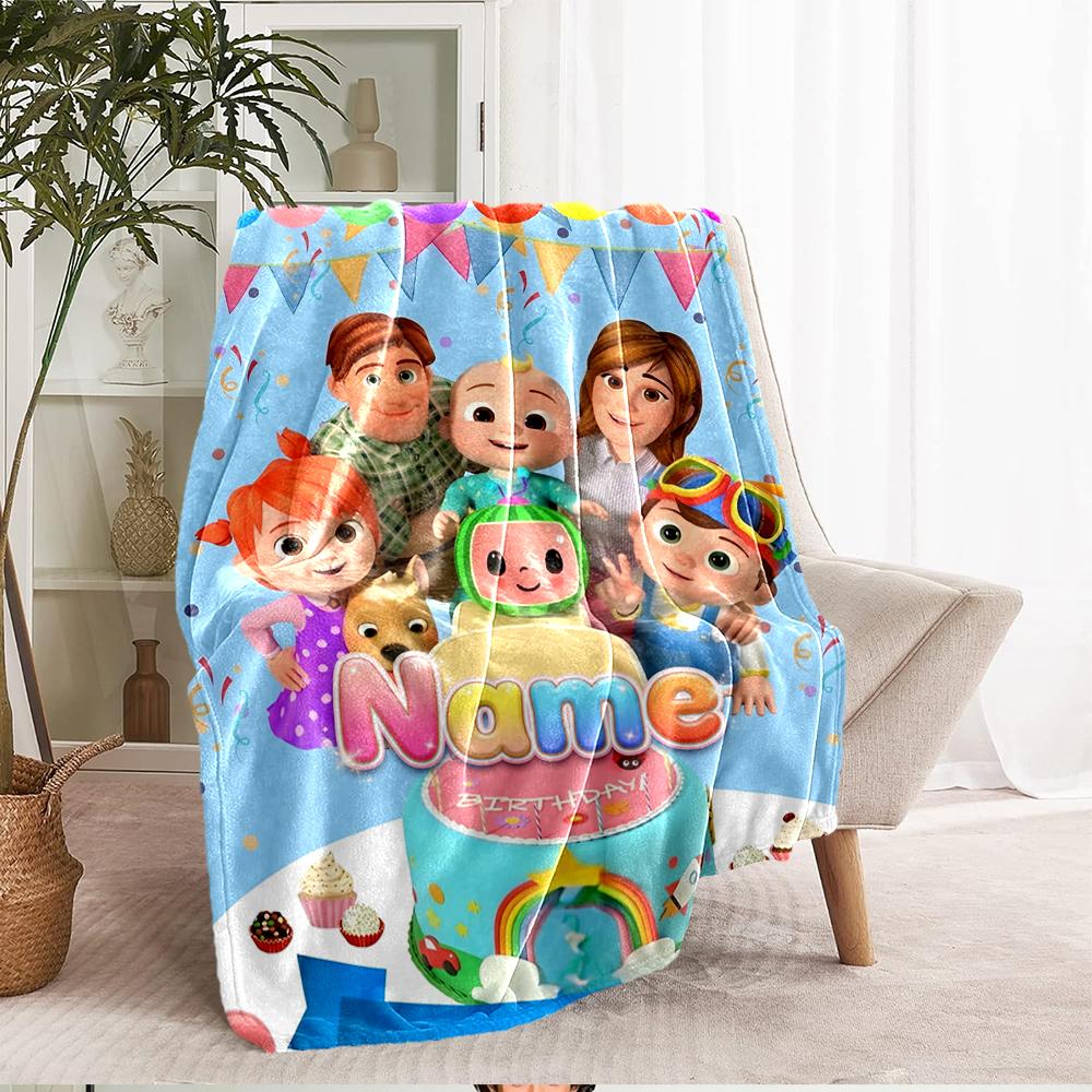 Custom Name Cocomelon Theme Printed Blanket - Perfect for Couch, Bed, Travel & Outdoor Use | Machine Washable, Cozy & Durable.