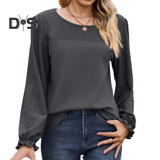 Women Tops Round Neck Puff Long Sleeve Solid Color Tee Shirt with Waffle Decoration Solid Color Loose Fit T-shirt