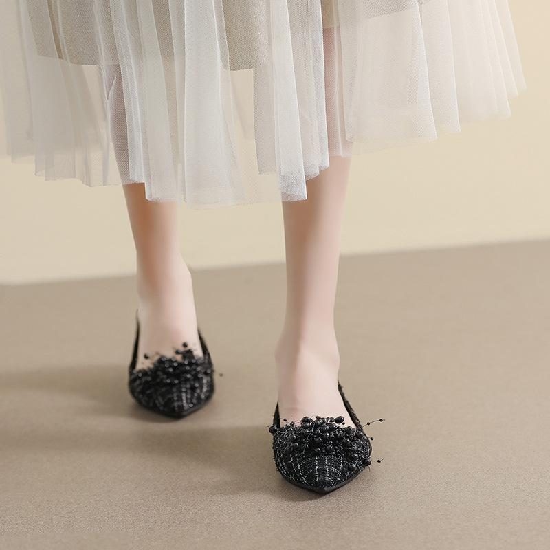 Fashion Fairy Women Tweed Cloth Shoes Pearl Beading Flats Ballerinas Ladies Pointed Toe Loafers Plaid Designer Moccasines Femmes Ballets