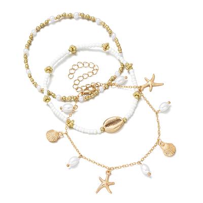 3 Vacation Beach Style Alloy Shell Scallop Tassel Ankle Chains, Multi-layer Layered Summer Bead Women's Ankle Chains