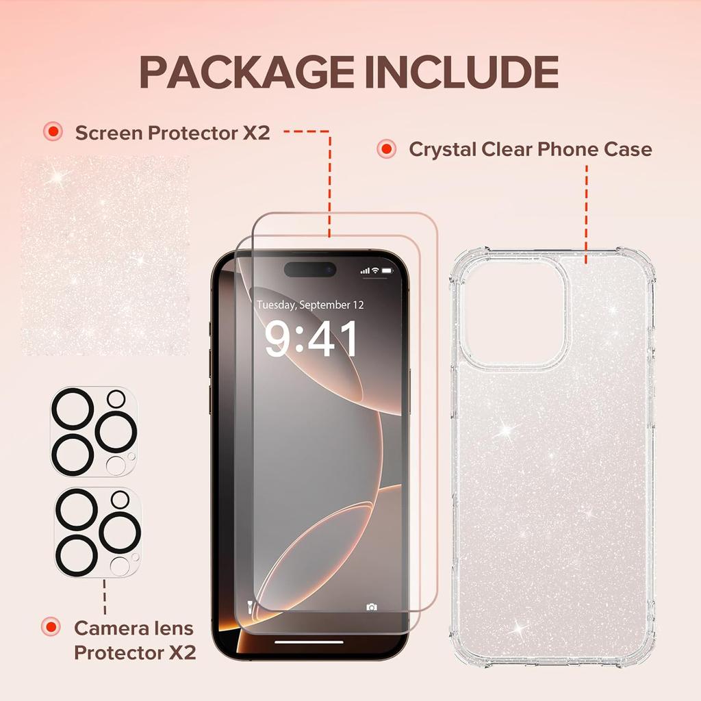 Etui z brokatem odporne na wstrząsy do iPhone'a 16 Pro Max 15 Plus 14 13 Mini 12 11 Ekran Aparatu Osłona obiektywu Błyszcząca Przezroczysta Ochrona Uroczy Telefon Obudowa Akcesorium