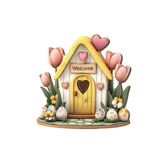 Yousheng Easter Wooden Hanging Sign, House Shape Tulip Flower Welcome Door Sign for Spring, Holiday, Indoor, Outdoor, Home, Porch, Front Door