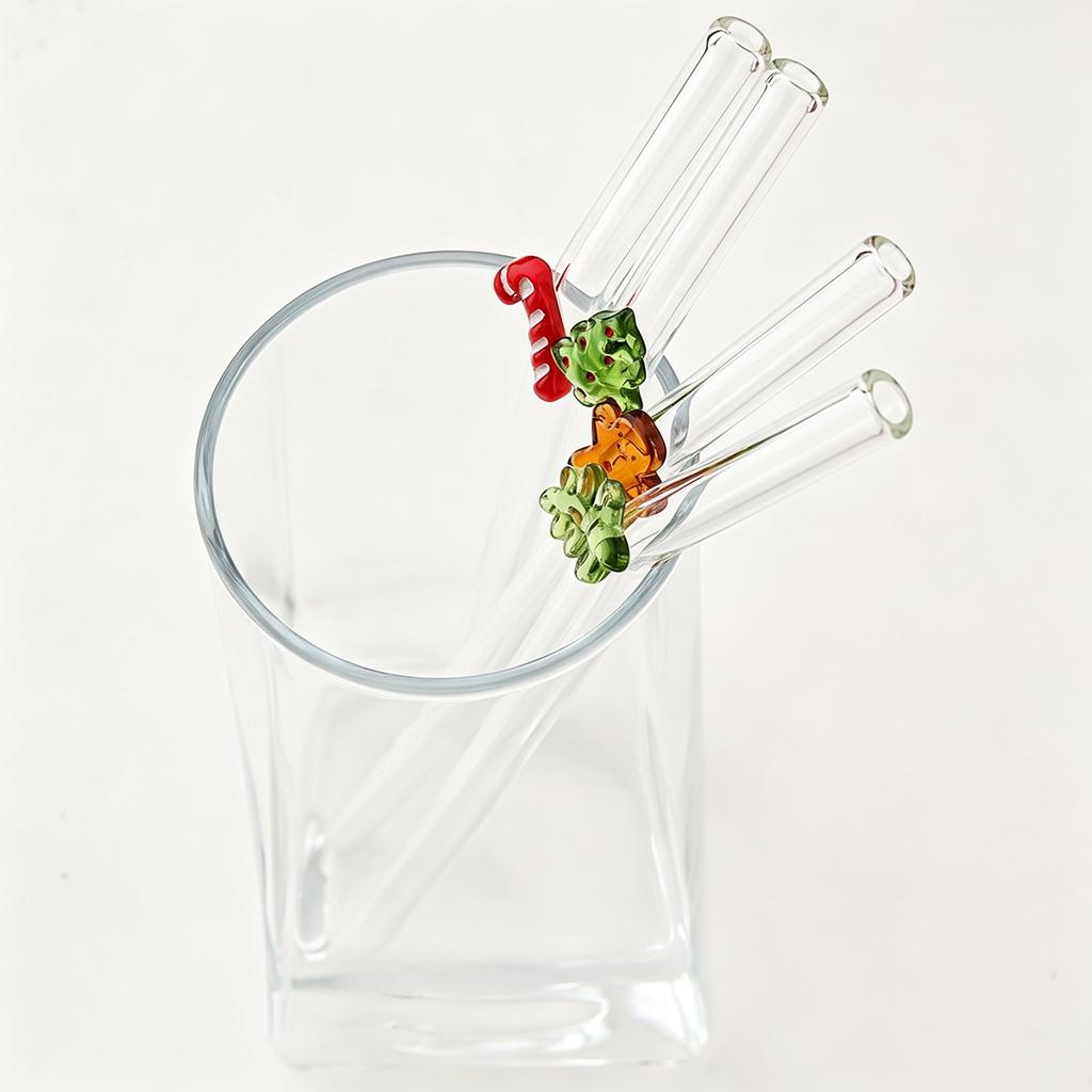 6pcs Christmas Glass Straws Set with Brush Reusable Glass Straw Suitable for Milkshakes Juices Coffee Kitchen Bar Accessories