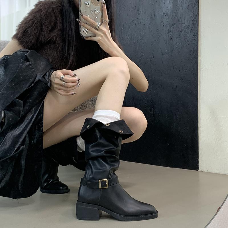 Fashion Vintage Thick Heel Pleated Women Knee High Boots Outdoor Non Slip Shoes Autumn Winter Ladies Knight Long Booties