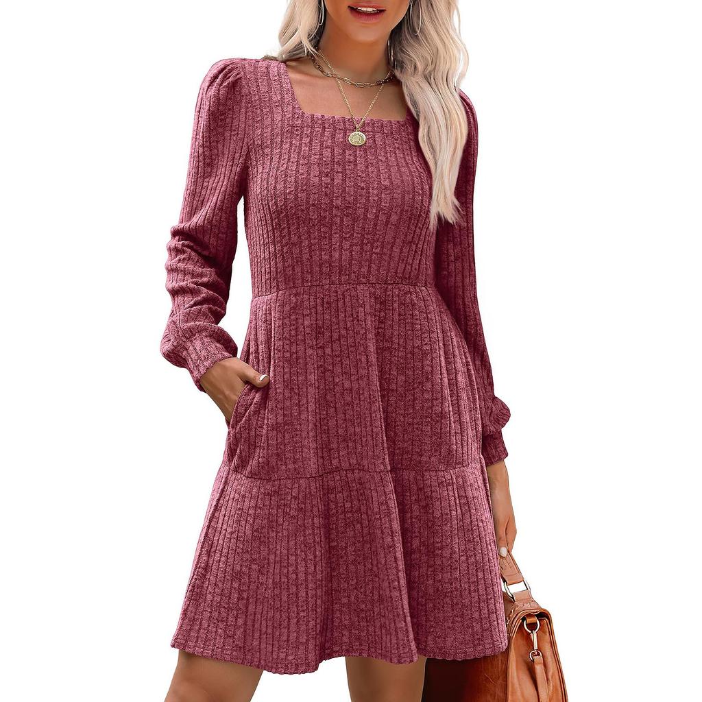 Womens  Square Neck Long Sleeve Dress Casual  Knit Dress With Pockets