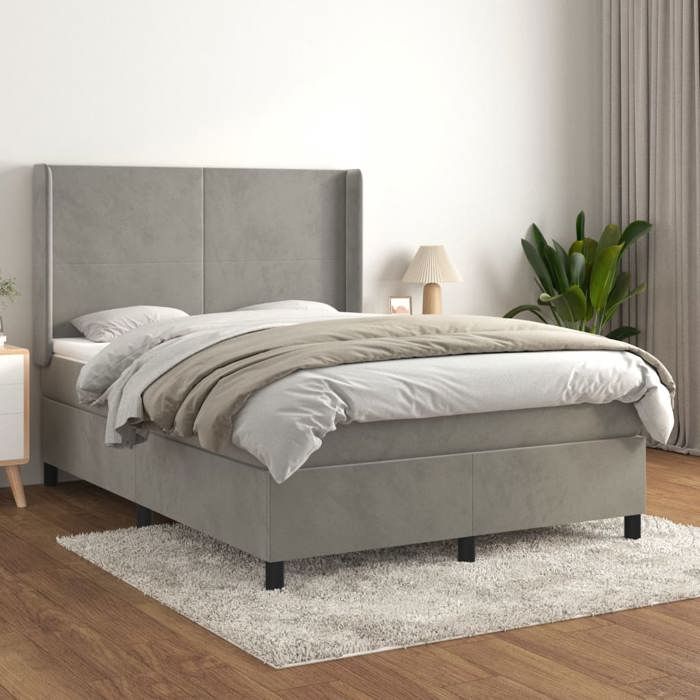 Lit avec matelas - Maison Exclusive - Velours gris clair - 140x200cm - Tête de lit réglable