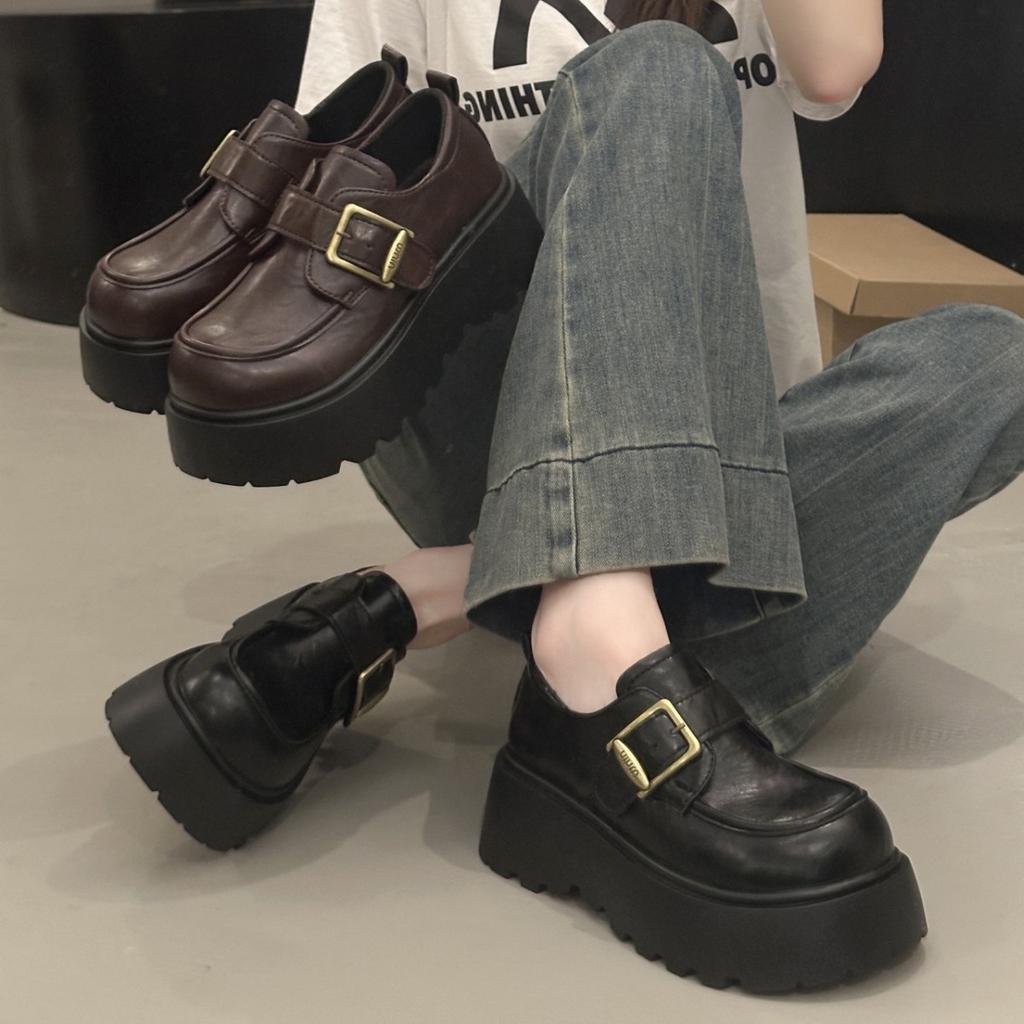 [Uncle Shoe] Height-increasing Flat-soled Single Shoes 20257cm Muffin Loafers Women's Spring and Autumn Small Leather Shoes Thick-soled British