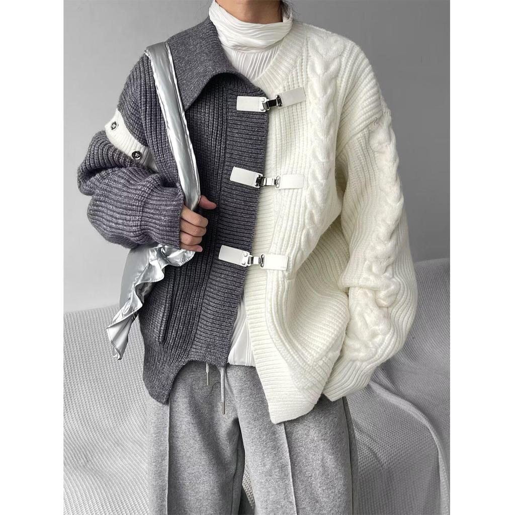 2024 Men's Korean-Style Trendy Patchwork Knit Cardigan Sweater for Autumn/Winter - Loose Hong Kong Style.