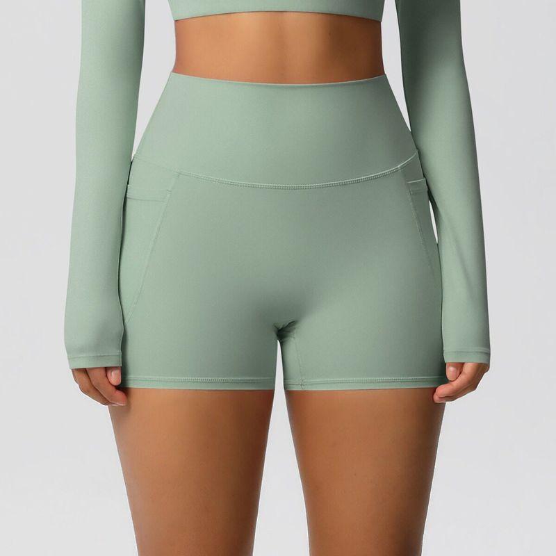 

Fashion Nude Feel Brushed Pocket High Waist Stretch Tight Training Yoga Shorts Sports Running Fitness Shorts Women Light Green S