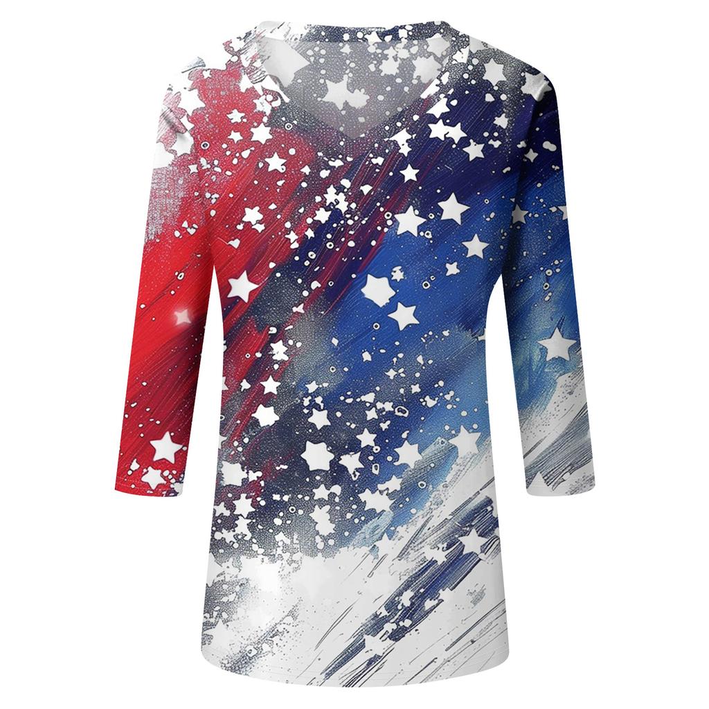 Trendy Vintage 3/4 Sleeve Top For Women,Ladies Casual Three Quarter Sleeve V-neck Printed T-Shirt Blouse