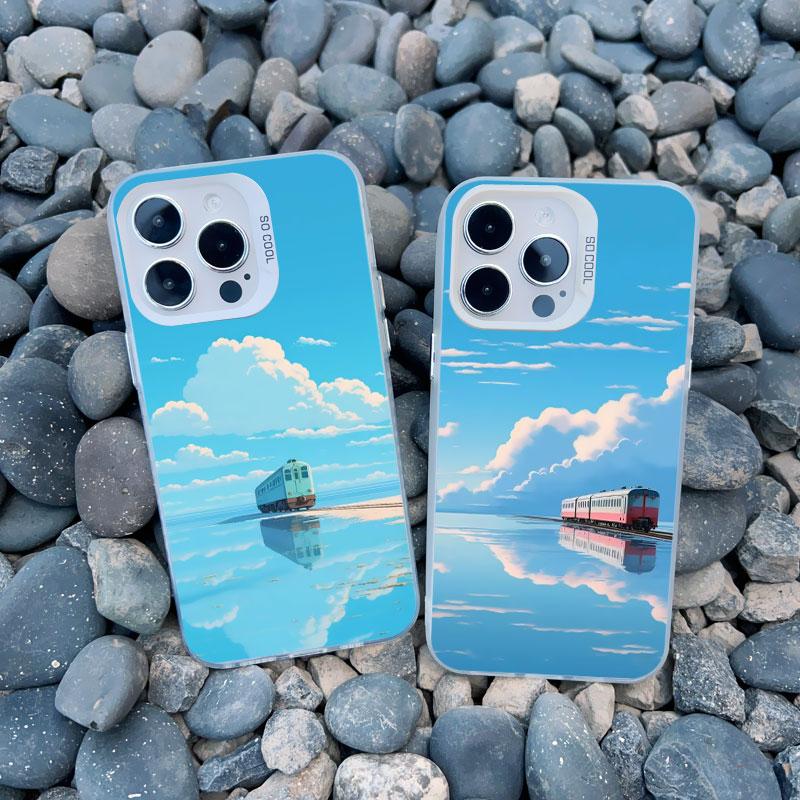 Sea Blue Sky Beach Rail Car Laser Phone Case For iPhone 16 11 12 13 Pro Max Mini 15 14 Pro Max Plus Shockproof Back Cover Fundas