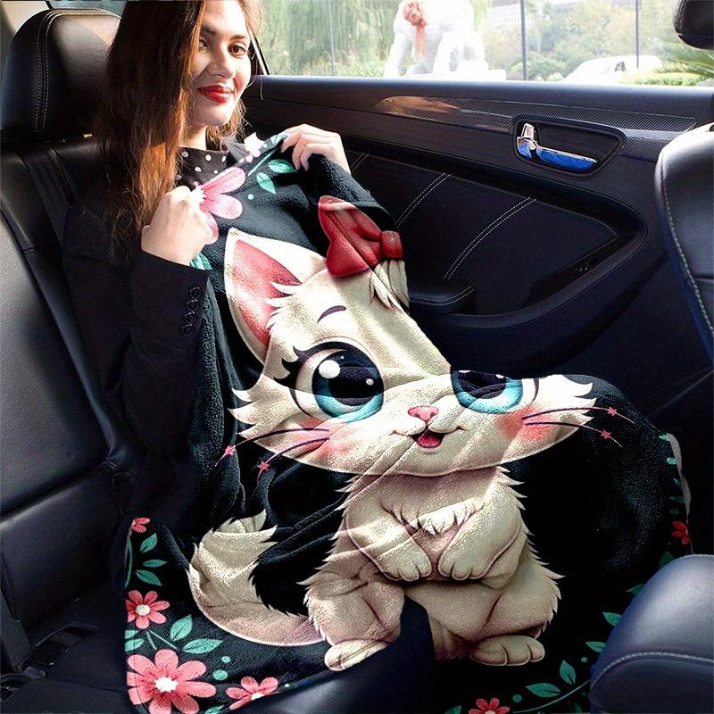 1pc Seasonal Universal Home Decoration Blanket Throw Birthday Gift Cute Cartoon Cat with Pink Bow Flower Frame Room Decorative Coverlet for Couch Bed