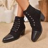 Fashion Colorblock Lace Up Chunky Heel Ankle Boots Women Pointed Toe Patchwork Short Boots Woman Plus Size Fashion High Heel Botas Mujer