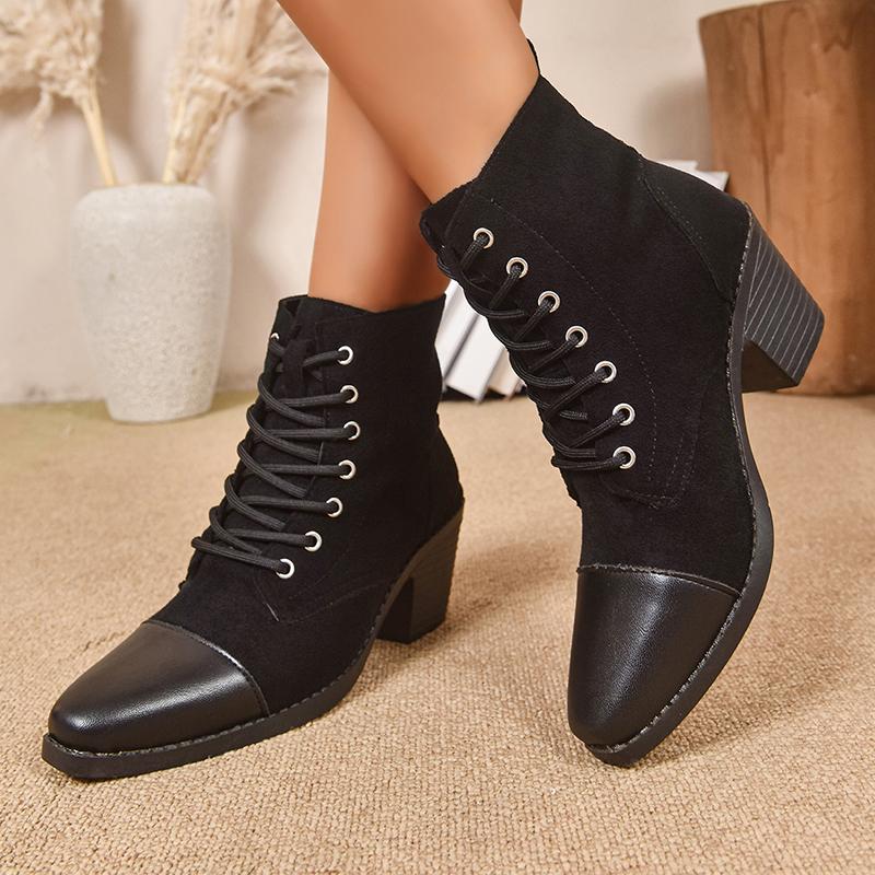 Fashion Colorblock Lace Up Chunky Heel Ankle Boots Women Pointed Toe Patchwork Short Boots Woman Plus Size Fashion High Heel Botas Mujer
