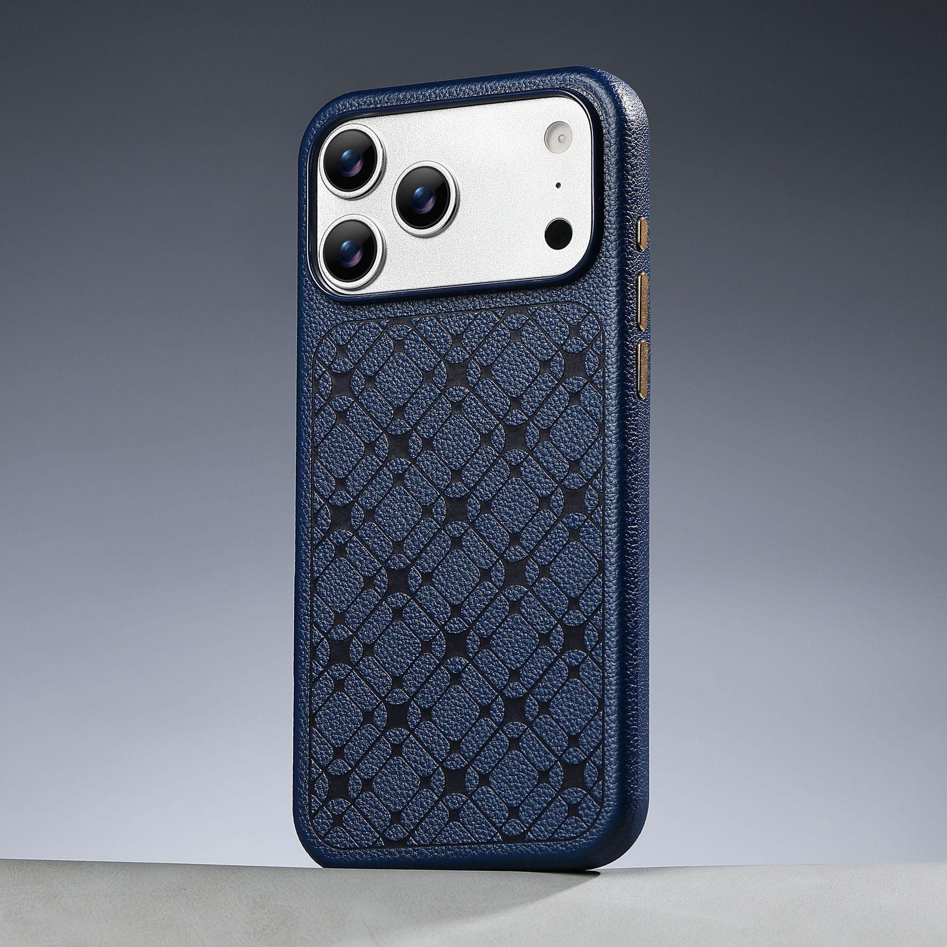 

iPhone 17 Starry Lychee Plaid Leather Case with Metal Buttons for 16 Pro Max iPhone 17 темно-синий
