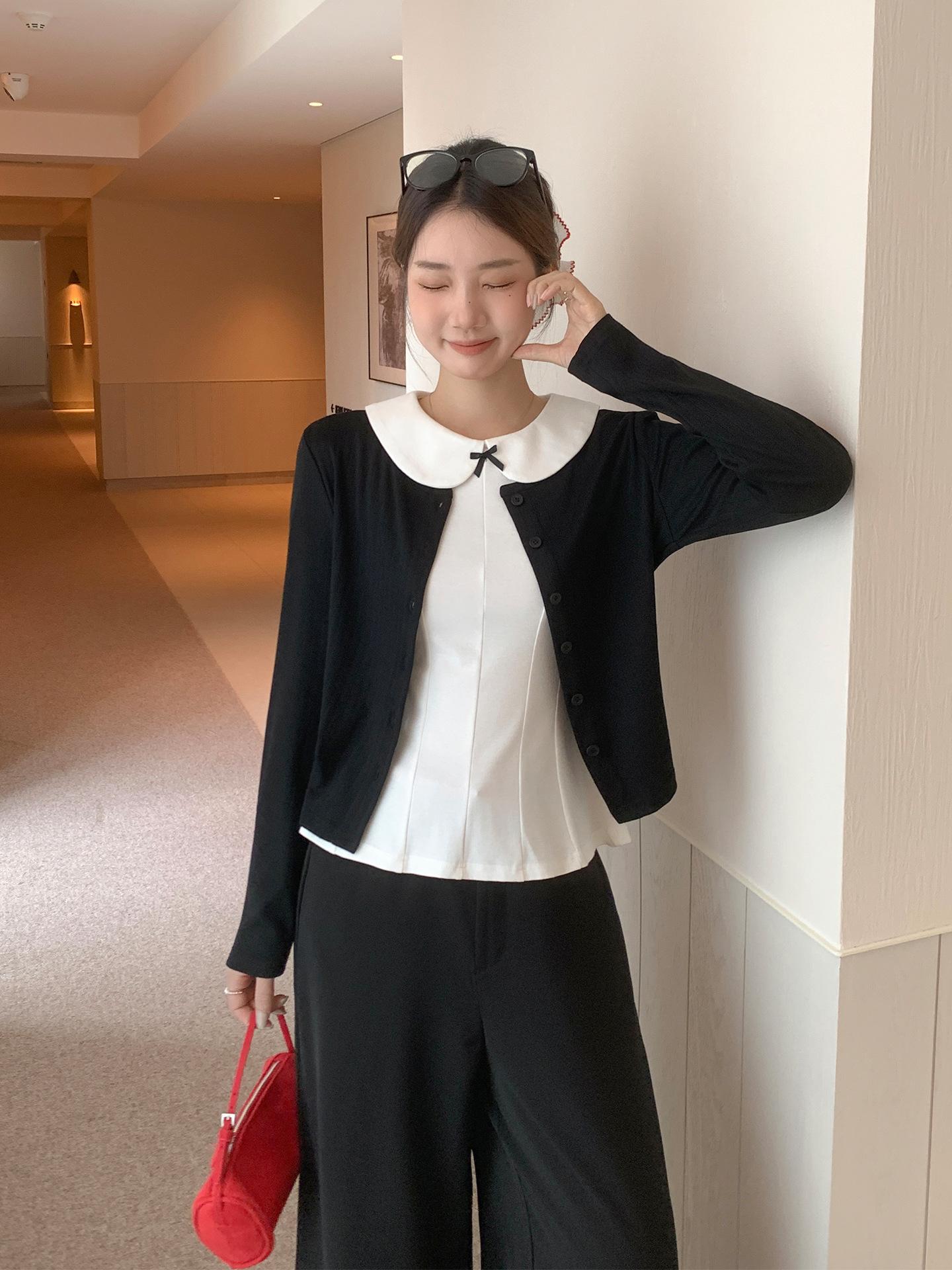 

Pure desire round neck button-down long-sleeved knitted cardigan women s autumn doll neck bow sling vest top S