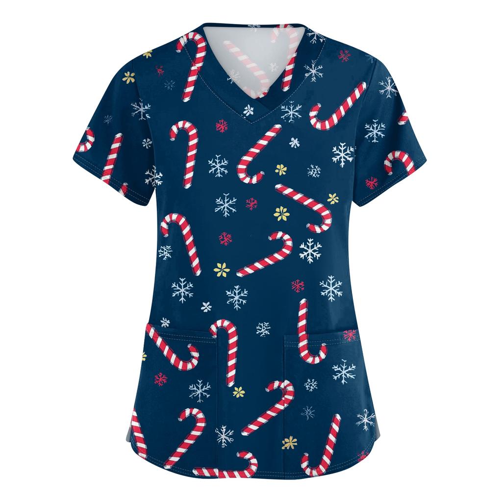 Women's V-neck Christmas printed short-sleeved pocket side-slit protective suit top