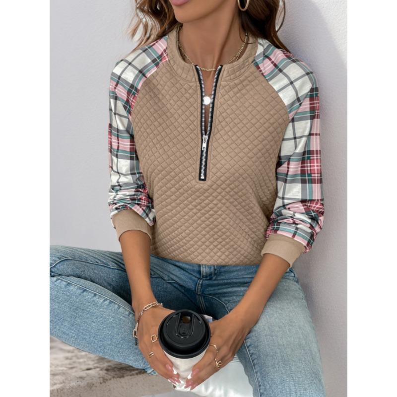 Women S Vintage Casual Loose Fit Plaid Patchwork Long Sleeve Sweatshirt