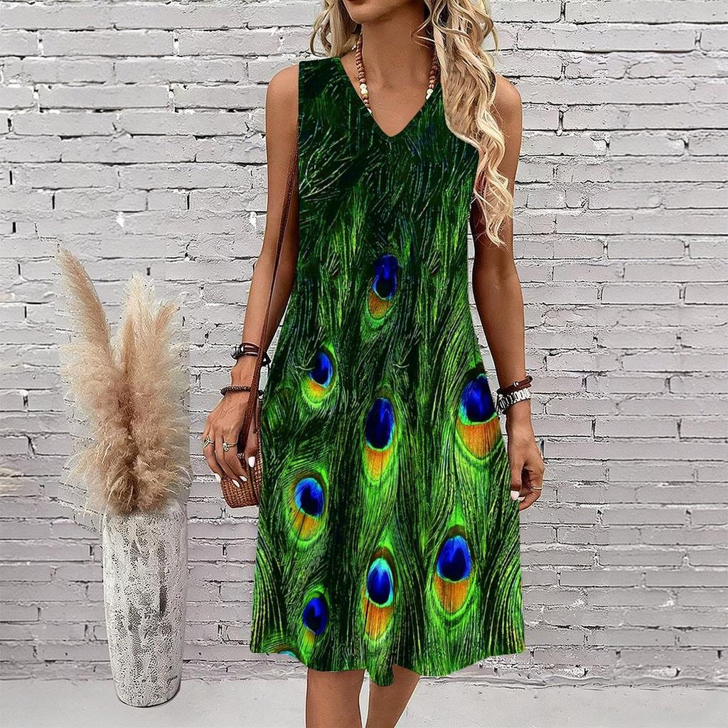 Plus Size V Neck Sleeveless Dress Green Mountain Waterfall Scenic Print For Nature Holiday Journey