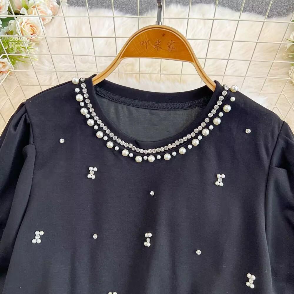 Summer Women Luxury Beading Pearl Black Half Sleeve Mini Short Straight Casual Dresses