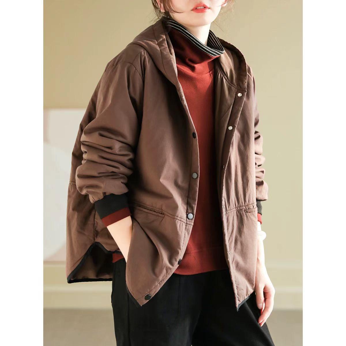 

Johnature Niche однотонное свободное повседневное пальто с капюшоном, женское зимнее модное однобортное пальто с длинными рукавами One Size кофейный