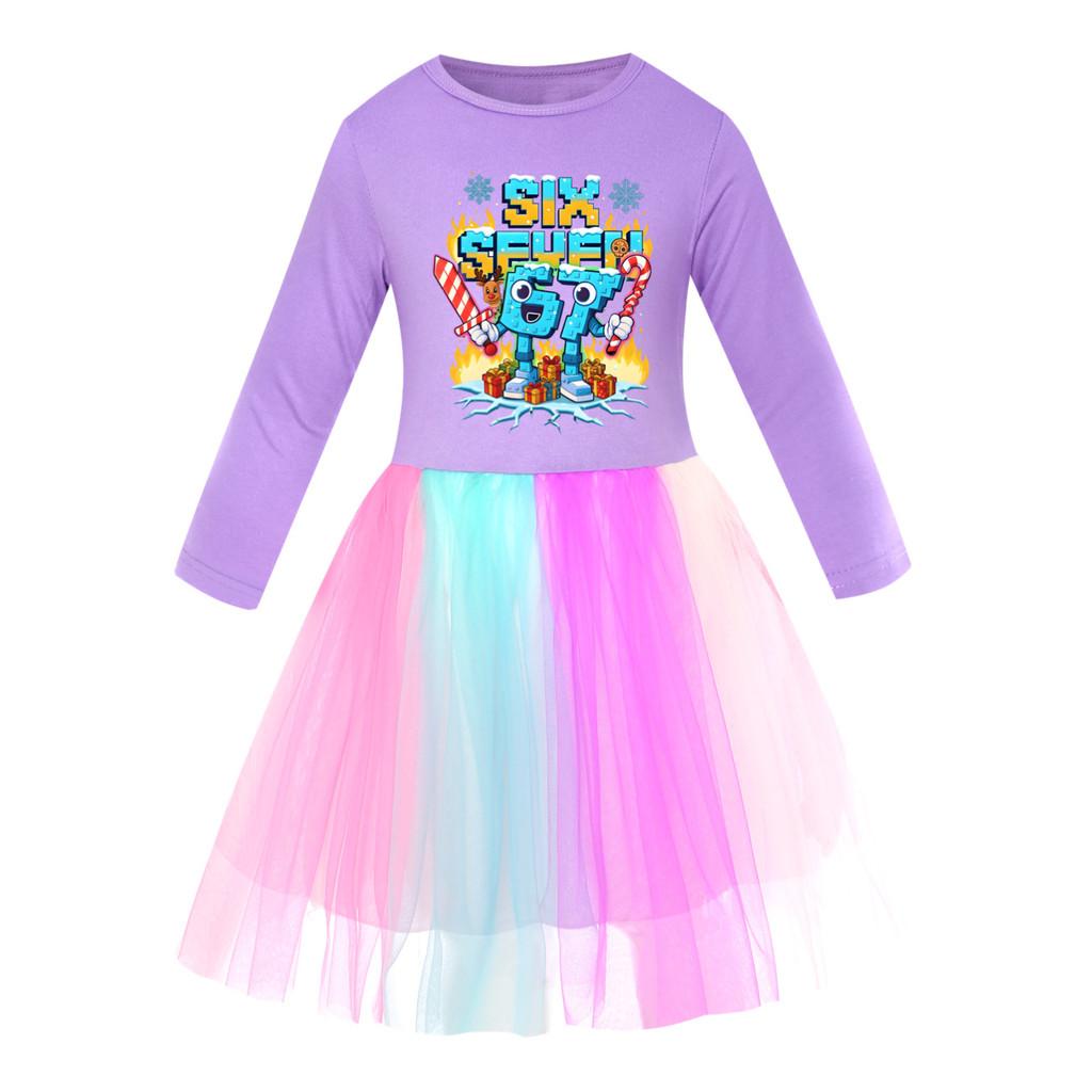 

5193 Детское Платье для Девочек Steal a Brainrot 67 Шесть Семь Принт Сетка Радуга Круглый Вырез Повседневное Повседневное Хлопковое Платье 110cm