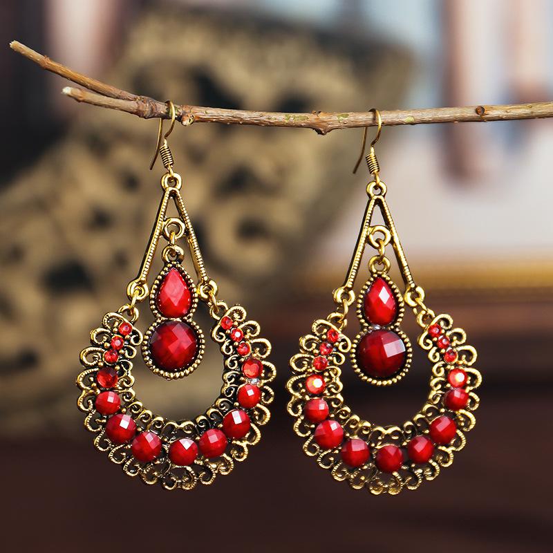 Bohemian Water Drop Vintage Earrings for Women Colorful Acrylic Rhinestone Gold Color Hollow Long Dangle Earrings Jewelry