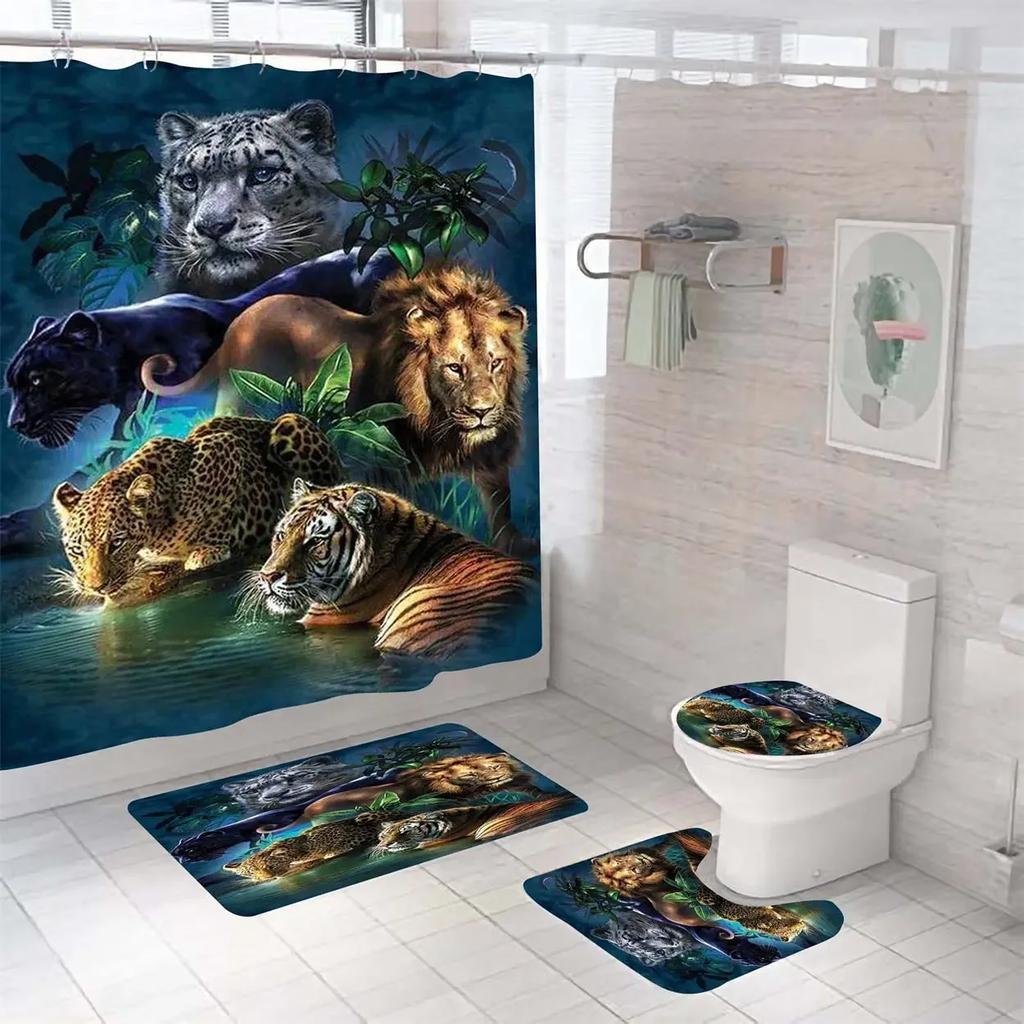 Black Tiger Animals Printed Shower Curtain Set Bathroom Bathing Screen Anti-Slip Toilet Lid Cover Carpet Rugs Kitchen Home Decor