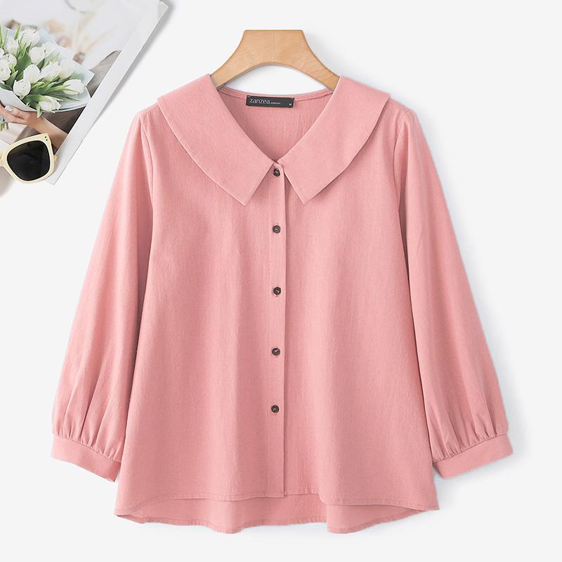 ZANZEA Women Turn Down Collar Loose Casual Long Sleeve Plain Blouse