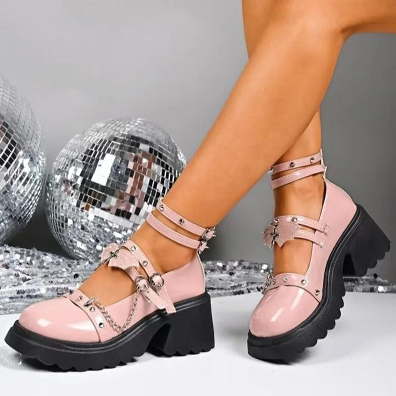Fashion Pink Lolita Wedges Pumps for Women Rivet Metal Chain Chunky Platform Mary Jane Shoes Ankle Buckle Thick Sole Uniform Shoes