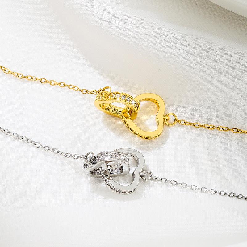 Luxury Heart-Shaped Double Ring Necklace with Zircon Inlay - Elegant Heart-to-Heart Pendant Design