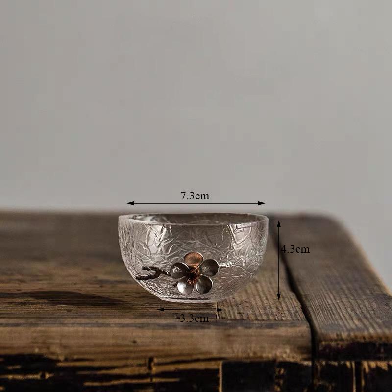 Japanese Style Glass Tin Plum Blossom Water Cup Flower Kung Fu Tea Drinking Mug Transparent Teacup