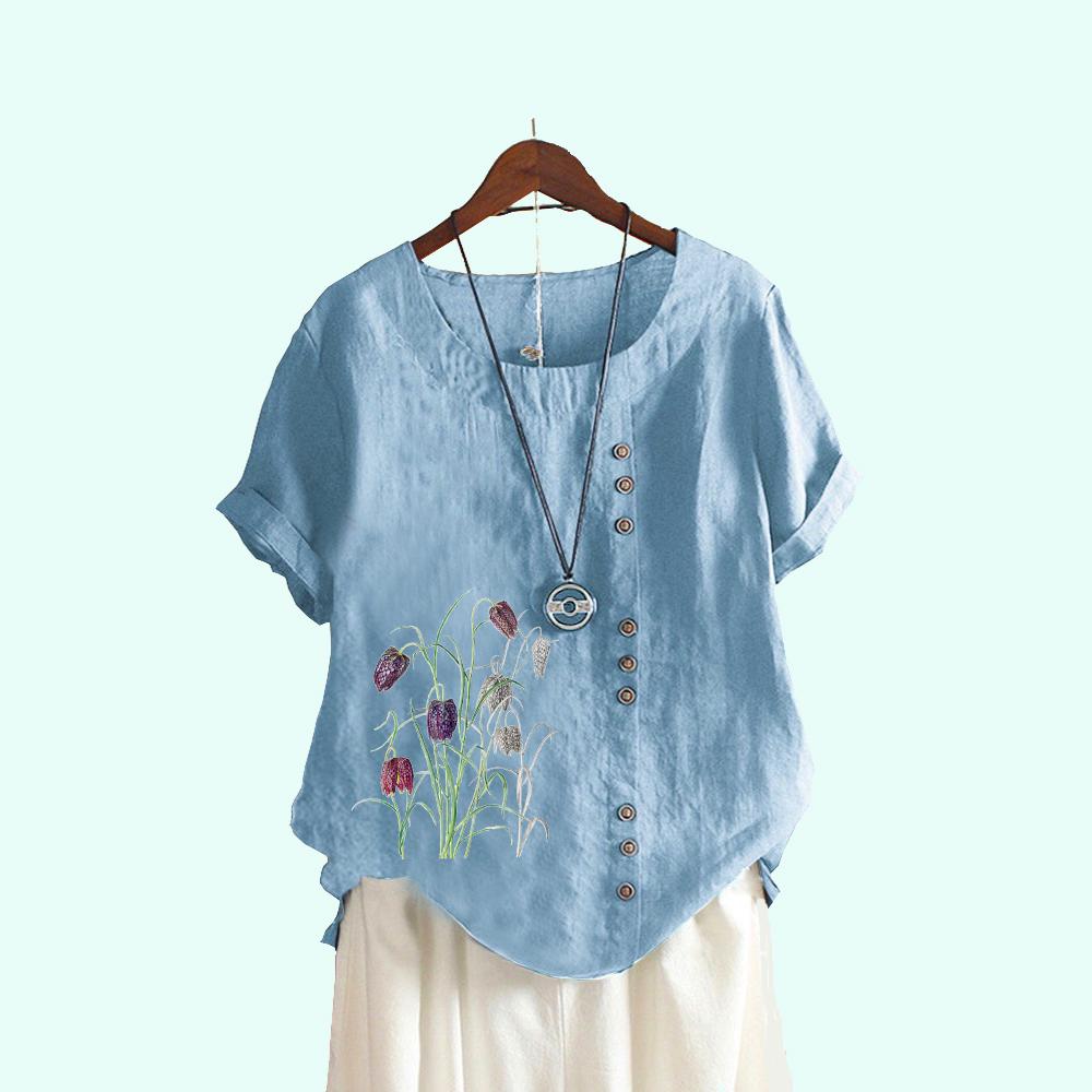 Ladies Flower Print Casual Round Neck Blouses Summer Short Sleeve Plus Size Pullover Loose T-shirt