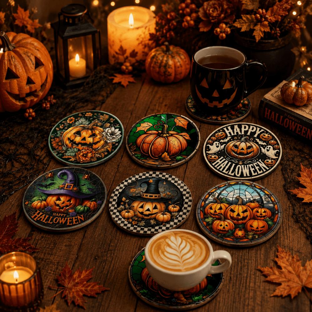 6pcs Wooden Halloween Coasters Pumpkin Heat Insulation Pad DIY Tableware Mat Cafe