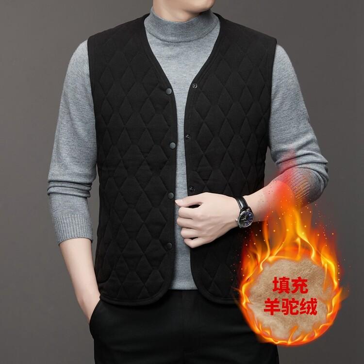 Autumn Winter Velvet Quilted Vest Men Cold Proof Sleeveless Button Casual Jacket Warm Thickened with Pocket Cotton-padded Vest