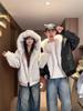 Large Hooded Snow Leopard Fur Collar PU Leather Winter Jacket, Couple Style