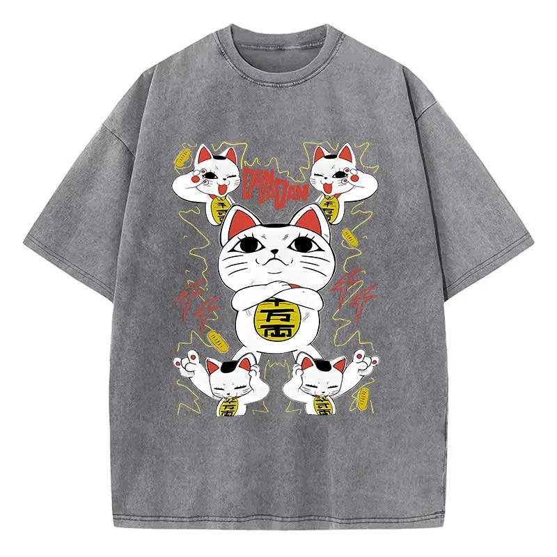 

Summer Men Japanese Anime T Shirt Washed Cotton Vintage Aesthetic Cartoon Graphic Streetwear Loose Daily Tops S