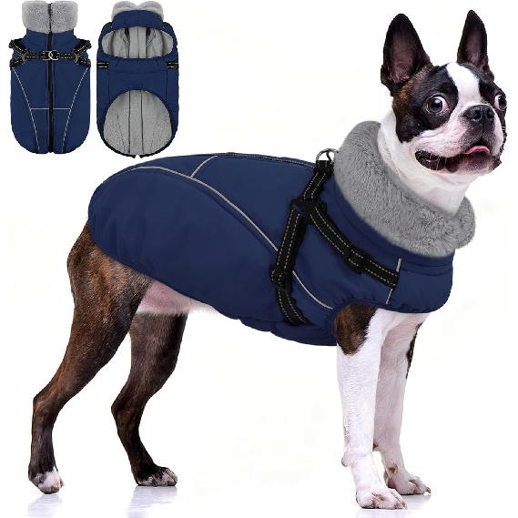 AOFITEE Dog Jacket with Harness Built in, Waterproof Dog Coat for Small Dogs, Warm Fleece Pet Puffer Vest with Zipper on Back & Furry Collar,