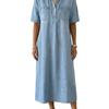 Damska Koszula Jeansowa Plus Size, Prana, Postarzana, z Kołnierzykiem, Luźny Styl, Krótki Rękaw, Sukienka Midi z Kieszeniami