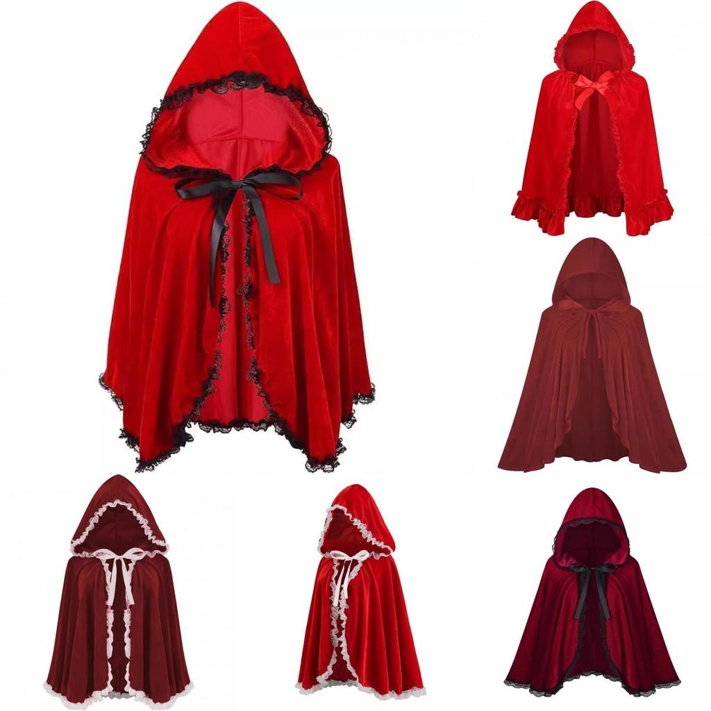 Elegante Mantello con Cappuccio in Velluto Rosso per Donna con Pizzo Arricciato e Bordi a Volant per Tutte le Stagioni
