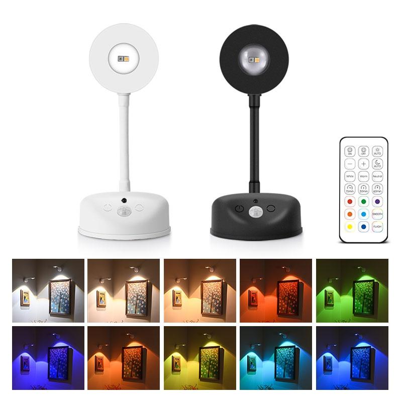 RGB Motion Sensor Wall Light Rechargeable Magnetic LED Wall Lamp 16 Colors Dimmable Remote Control Wireless for Stairway Bedroom Hallway Decor