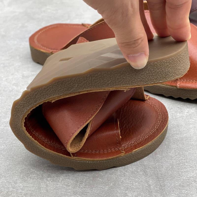 Johnature Handmade Genuine Leather Flat Slippers Soft Cowhide Soft Sole Comfortable Women's Outdoor Slides