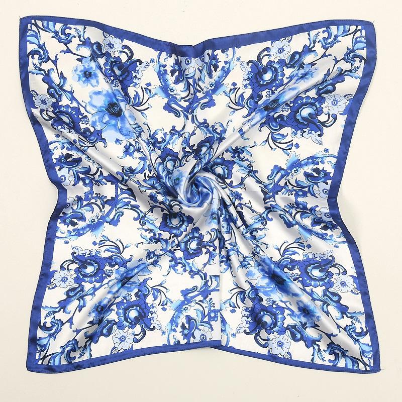 

New Blue And White Porcelain Satin Silk Square Scarf Digital Printed Muslim Women Hijab Headscarf Ladies Headband Scarf