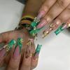 24Pcs Green French Fake Nails With Diamond Gold Butterfly Elegant Long Square Acrylic Artificial Press On Nails